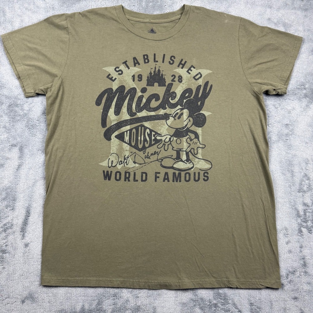 Disney Mickey Mouse World Famous Graphic T-Shirt Olive Green XL RN129855